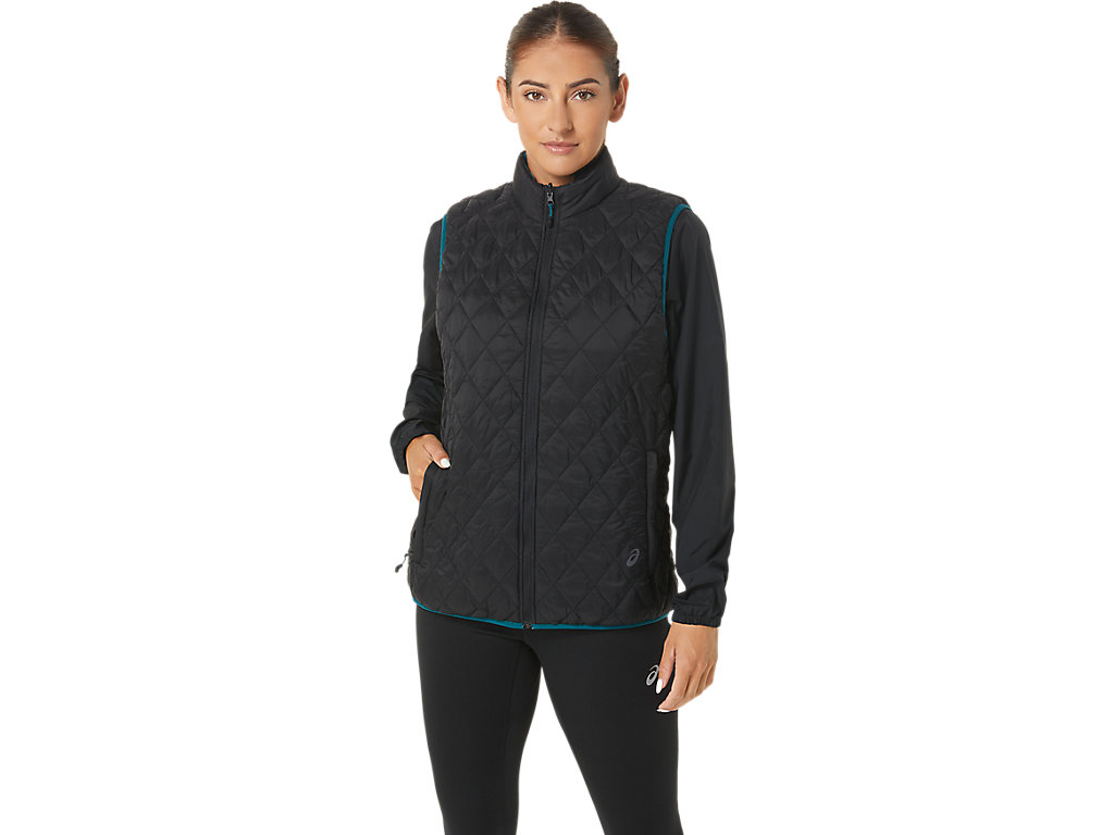 Women\'s Asics Reverse Insulated Vest Jackets Black / Deep Green | 7958-NIWCS