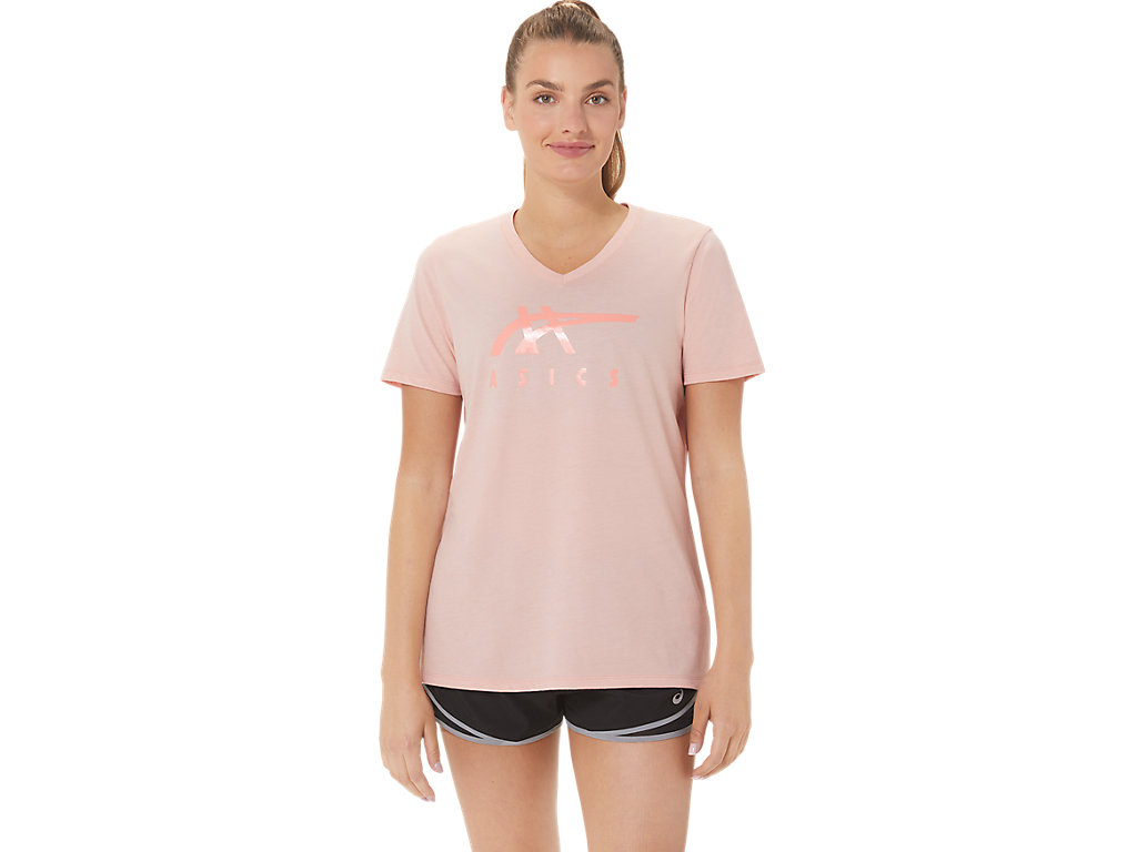 Women\'s Asics Stripes V-Neck T Shirts Rose | 2457-VMRJW